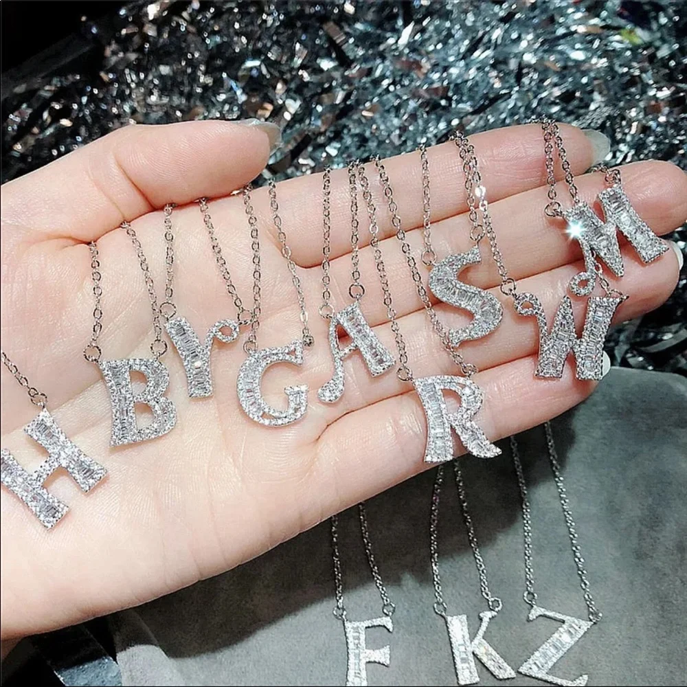 New 925 Silver Initial Letter Diamond Necklaces - Picture 2 of 16